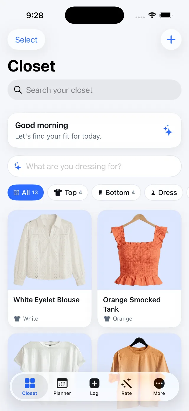 Closet screen — searchable grid of your clothes with automatic tags