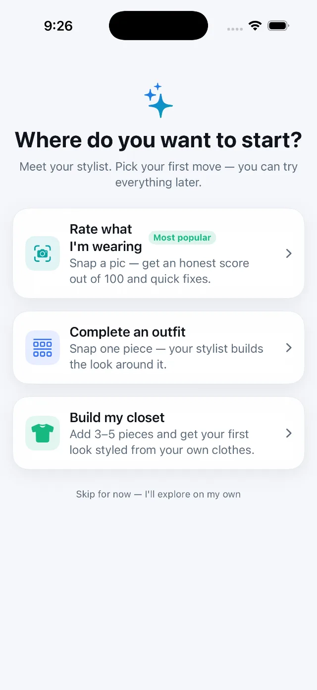 WhichOutfit start screen — rate what you are wearing, complete an outfit, or build your closet