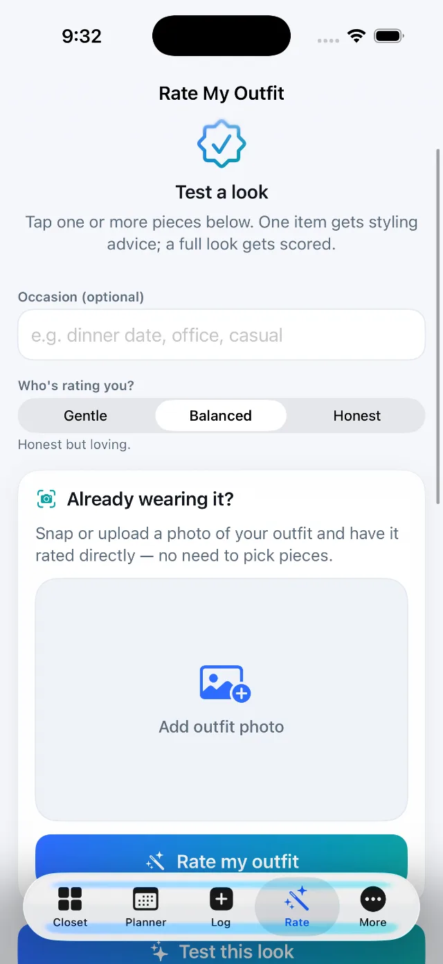 Rate My Outfit screen — test a look and choose who is rating you